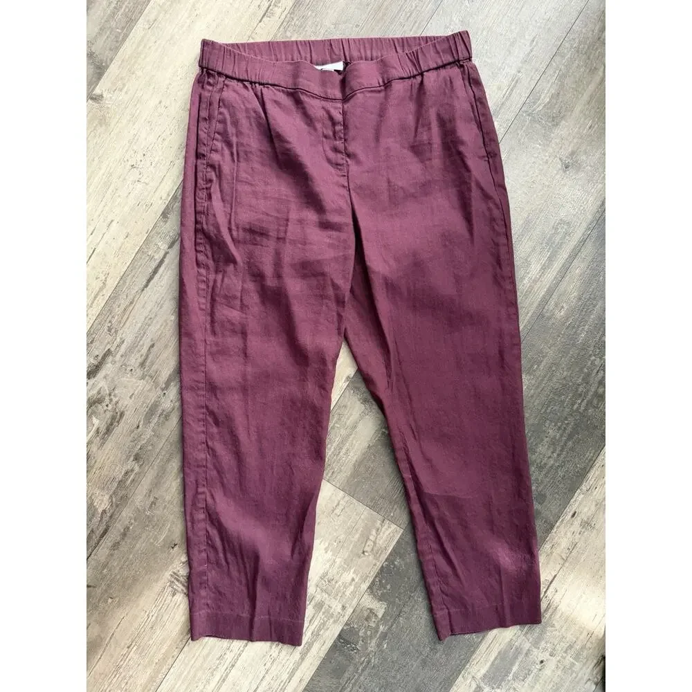 J.Jill Linen Stretch Burgundy 2 Piece Set Button Shirt & Cropped Pants M Petite